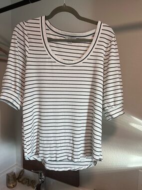 Allison Joy White Scoop Neck Short Sleeve Top with Black Stripes